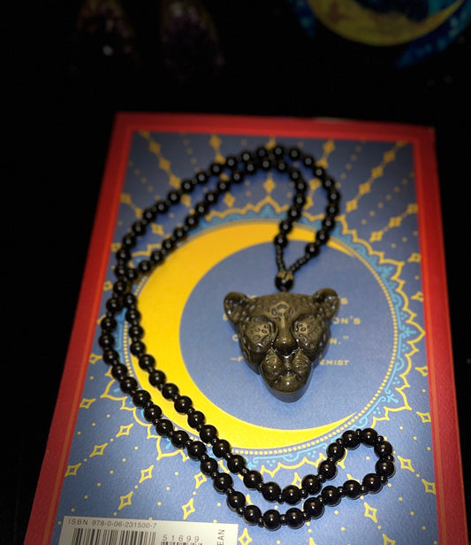 Golden Obsidian Leopard with Black Obsidian Necklace